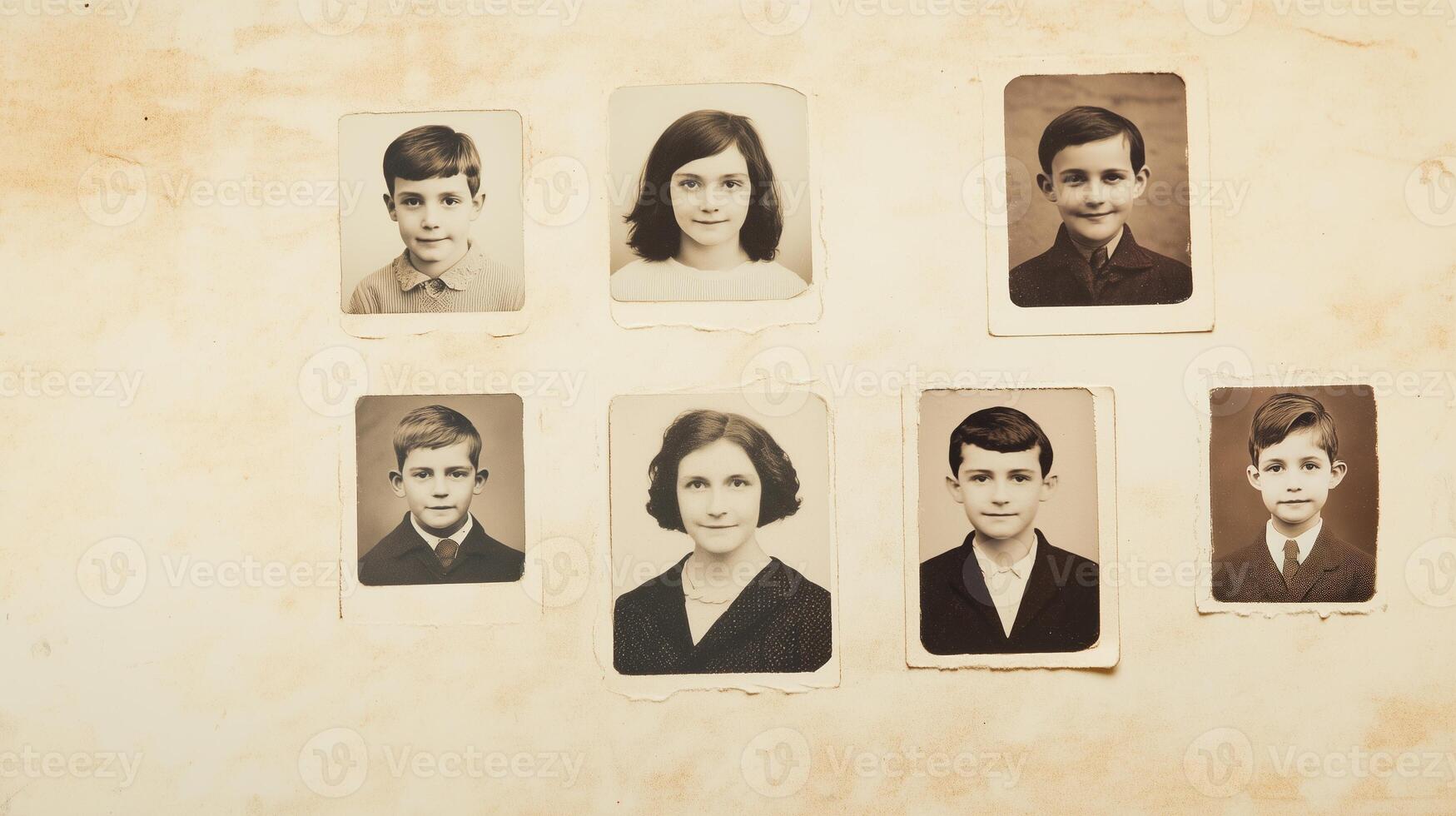 Vintage Family Photo Album Layout with Black and White Portraits on Aged Paper Background for Nostalgic Memories and Historical Reflection