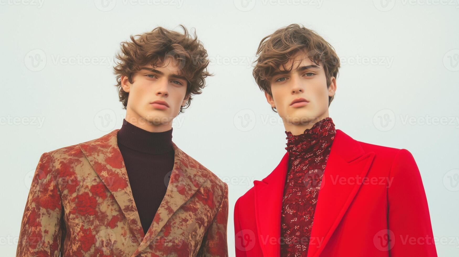 Fashion Editorial with Men in Traditional and Modern Styles Exhibiting Elegance and Sophistication in Vibrant Attire Under a Clear Sky for Contemporary Fashion Concepts photo