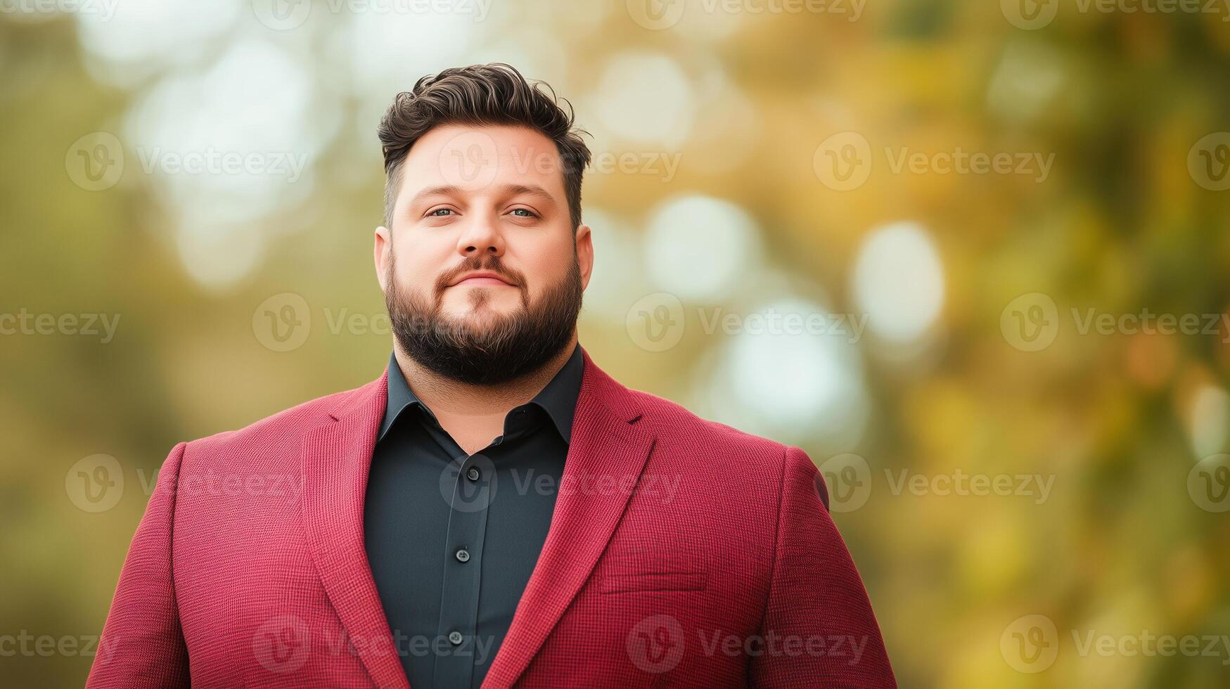 Confident Man in Red Suit Posing in Autumn Park Plus Size Fashion Editorial for Fall Wardrobe Inspiration photo