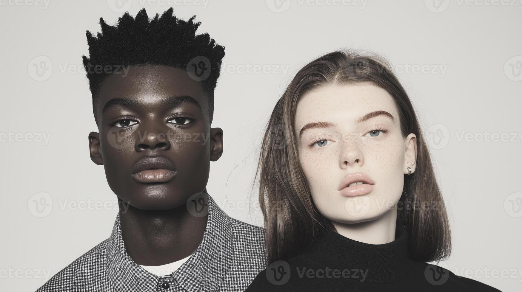 Fashion Editorial Showcasing Androgynous Style with Diverse Models in Minimalist Studio Portrait Expressing Modern Beauty and Inclusivity photo