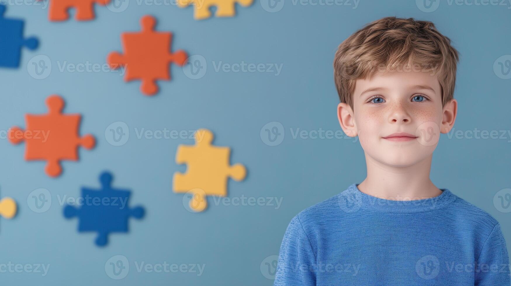 Portrait of a Young Boy Against Blue Background with Colorful Puzzle Pieces Symbolizing Autism Awareness and Childhood Development photo