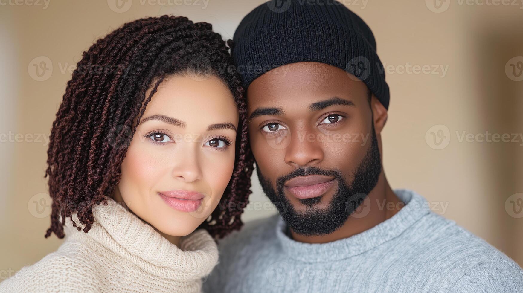 Middle Aged Couple of Different Races Smiling in Warm Sweaters Depicting Diversity and Togetherness in Portrait Photography photo
