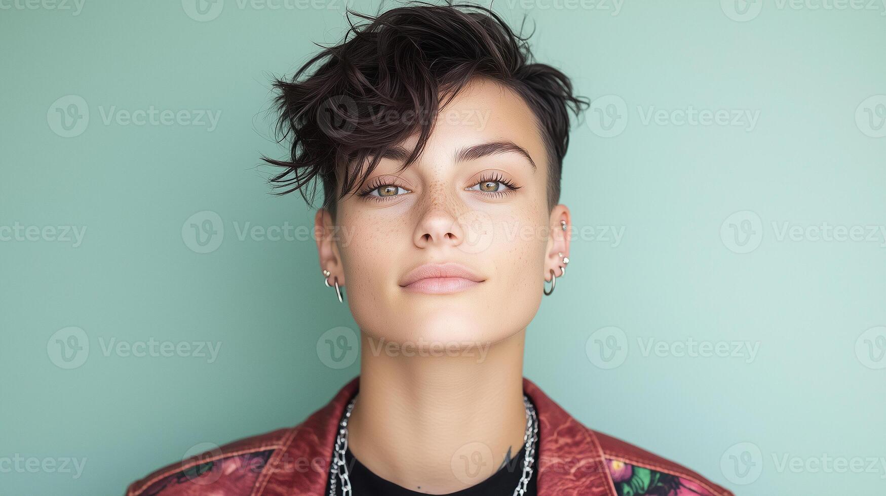 Pangender Individual Portrait Reflecting Identity Expression and Unique Style in Contemporary Fashion Setting on Mint Green Background photo