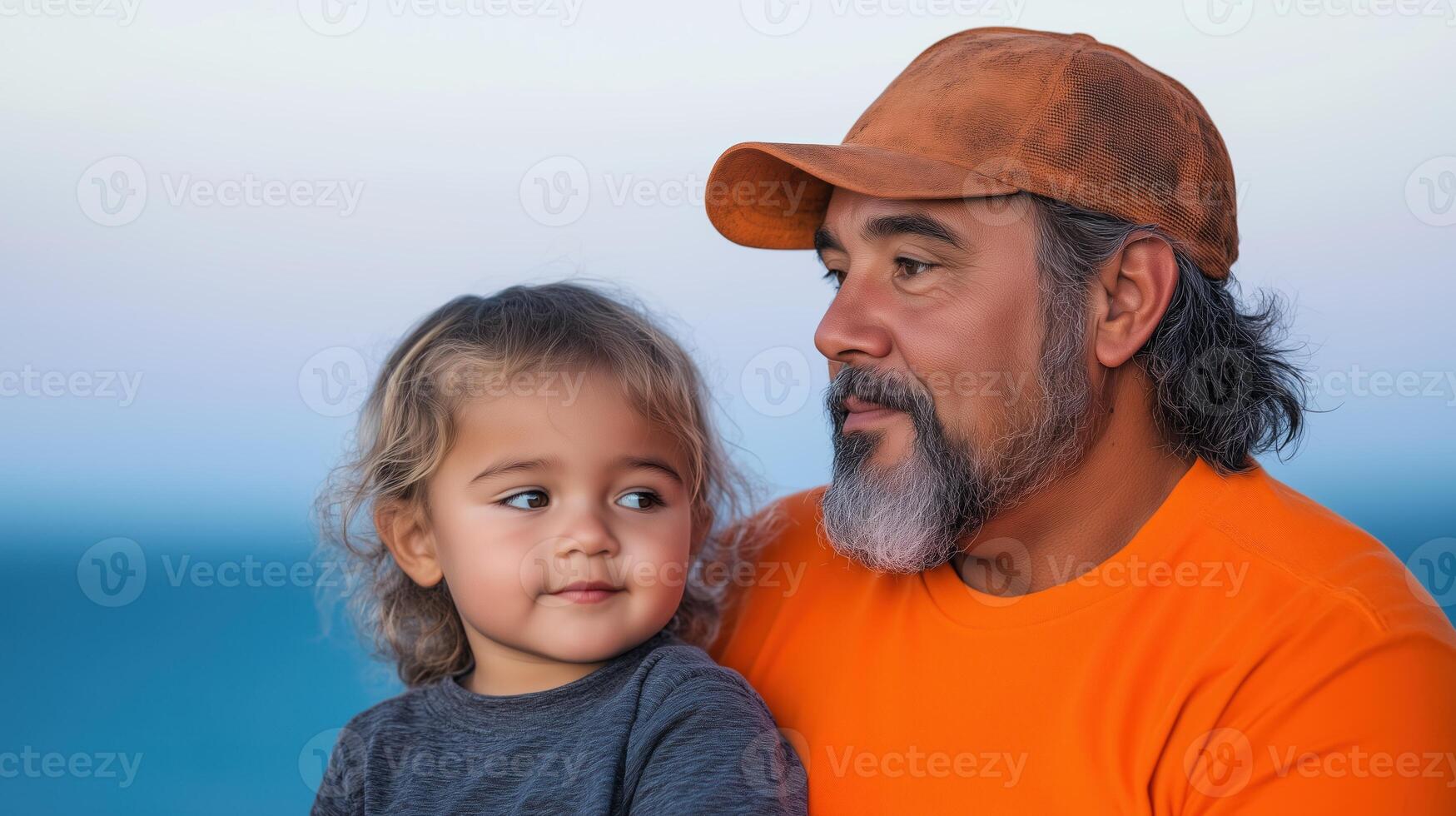 Father and Child Bonding by the Sea in Casual Clothing at Sunset Reflecting Family and Cultural Heritage Emphasizing Warmth Love Connection and Joyful Learning Moments in Vibrant Natural Setting photo