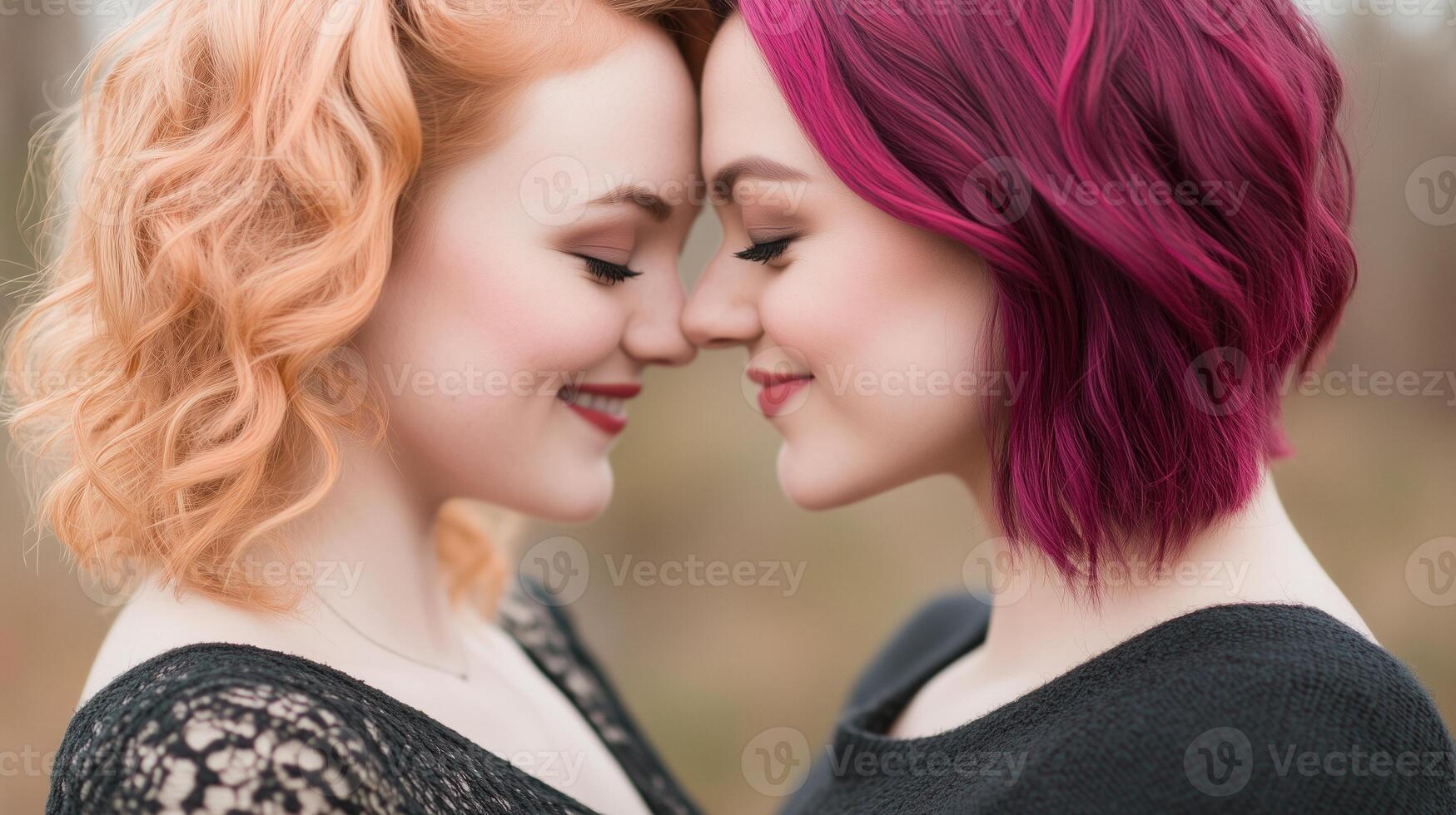 Romantic Sapphic Couple in Intimate Embrace with Vibrant Hair Colors and Gentle Smiles, Celebrating Love and Connection in Serene Outdoor Setting, Highlighting Diversity and Affection photo