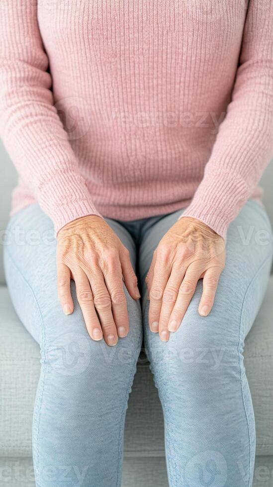 Senior Woman Massaging Knee Pain While Sitting on Sofa with Arthritis Symptoms at Home for Therapeutic Relief and Relaxation photo