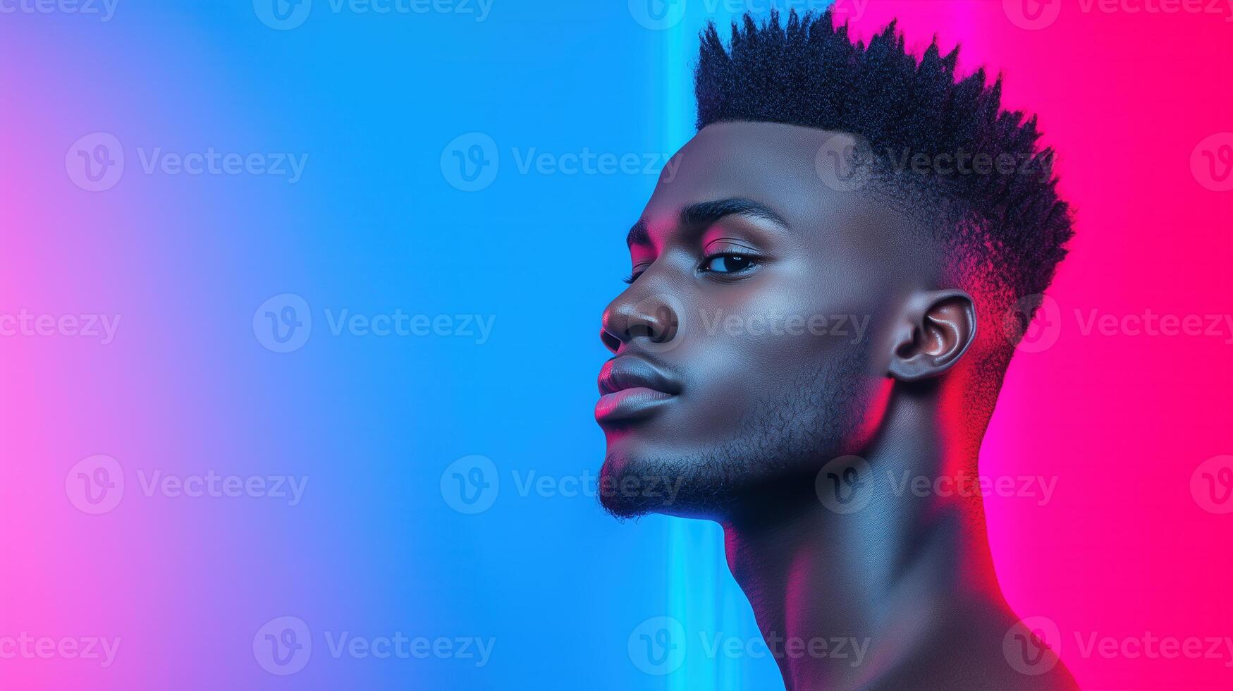 Neon Glow Male Portrait Against Vibrant Colors Capturing Serenity and Modern Style in Neon Lighting with Blue and Pink Hues for Creative Concepts in Current Fashion Photography Trends photo