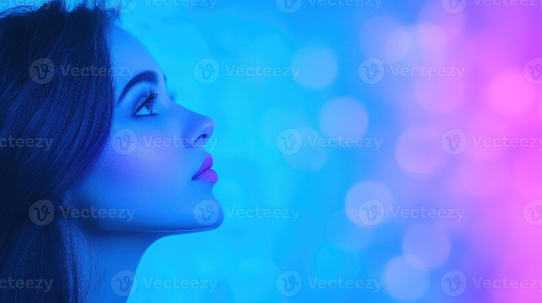 Woman in Blue Glow Contemplating Ethereal Light Spots with Dreamy Bokeh Effect and Serene Atmosphere in a Surreal Artistic Composition for Creative Design and Modern Visual Projects photo