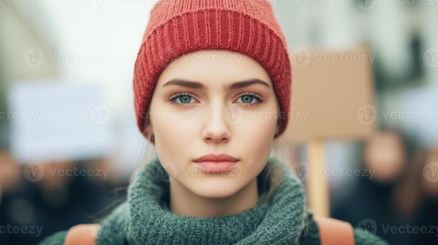Young Activist in Red Beanie at Peaceful Protest Outdoors with Diverse Backgrounds Emphasizing Unity and Social Change photo
