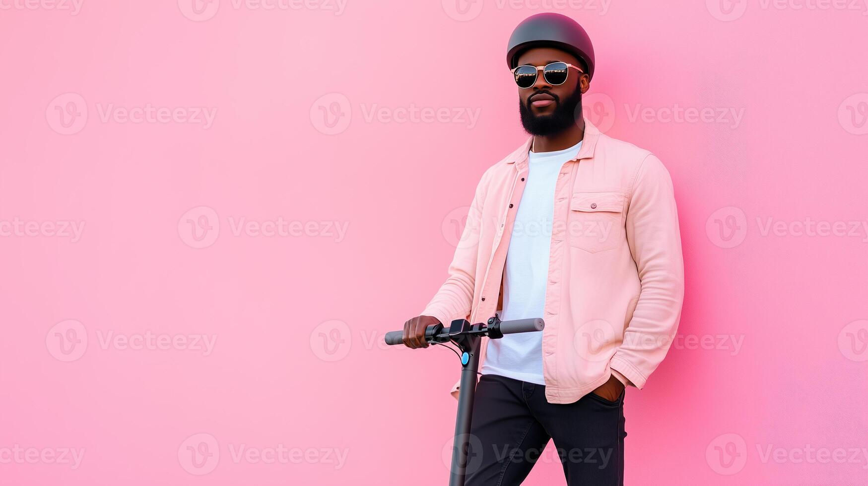 Young Man Riding Electric Scooter Against Pink Wall in Urban Setting Showcasing Modern Transportation and Stylish Fashion with Sunglasses and Helmet for Trendy Casual Lifestyle Concept photo