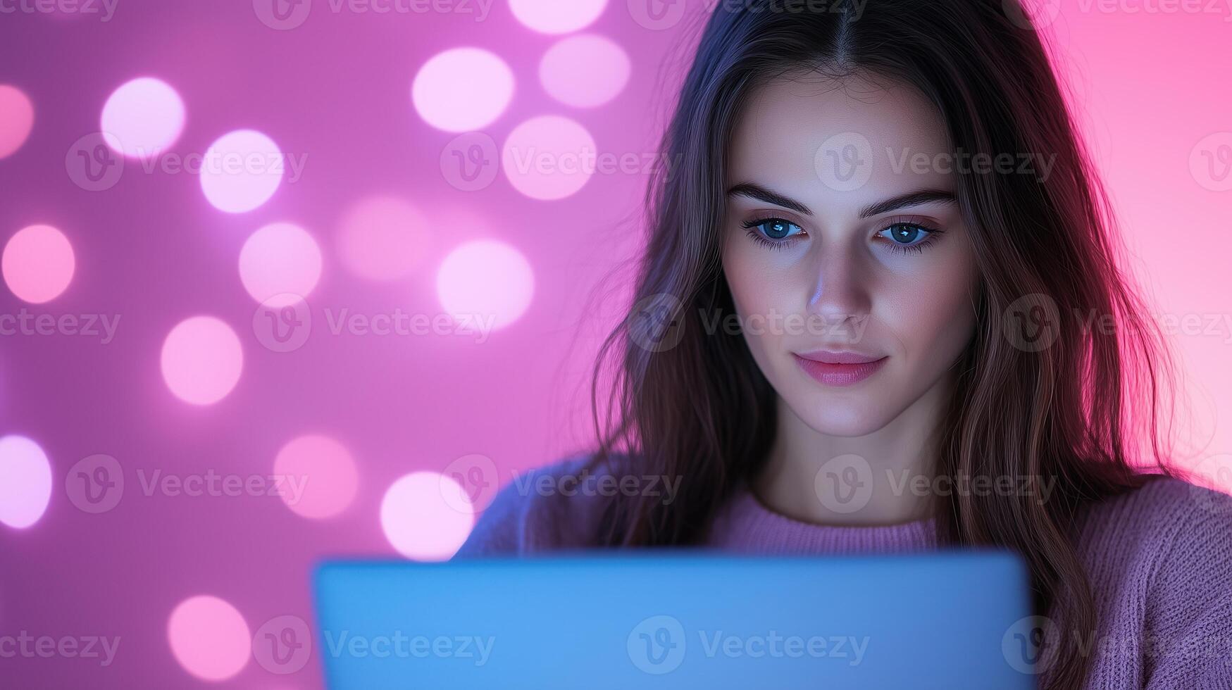 Young Woman Using Laptop with Futuristic Interface in Pink and Purple Light, Blurred Bokeh Background, Concept of Technology and Innovation in Modern Work Spaces for Stock Photography photo