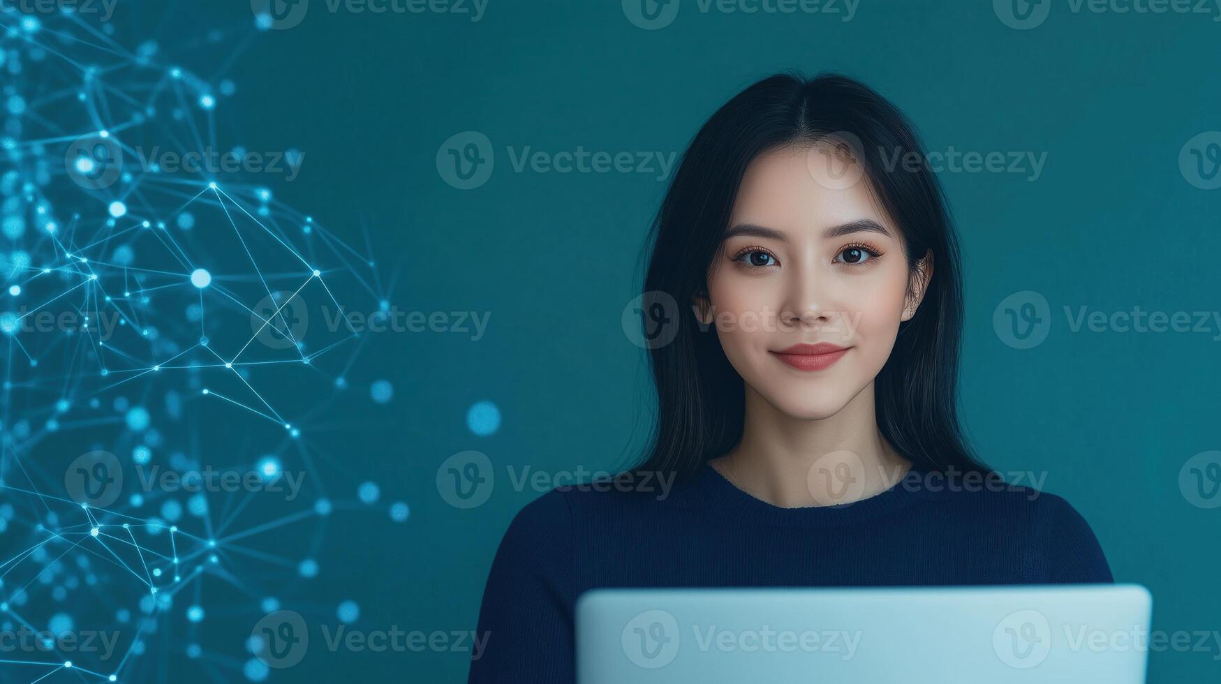 Young Woman Using Laptop with Futuristic Interface Background for Technology Innovation, Digital Communication, Data Analysis, Network Security, and Modern Work Environment Concepts photo