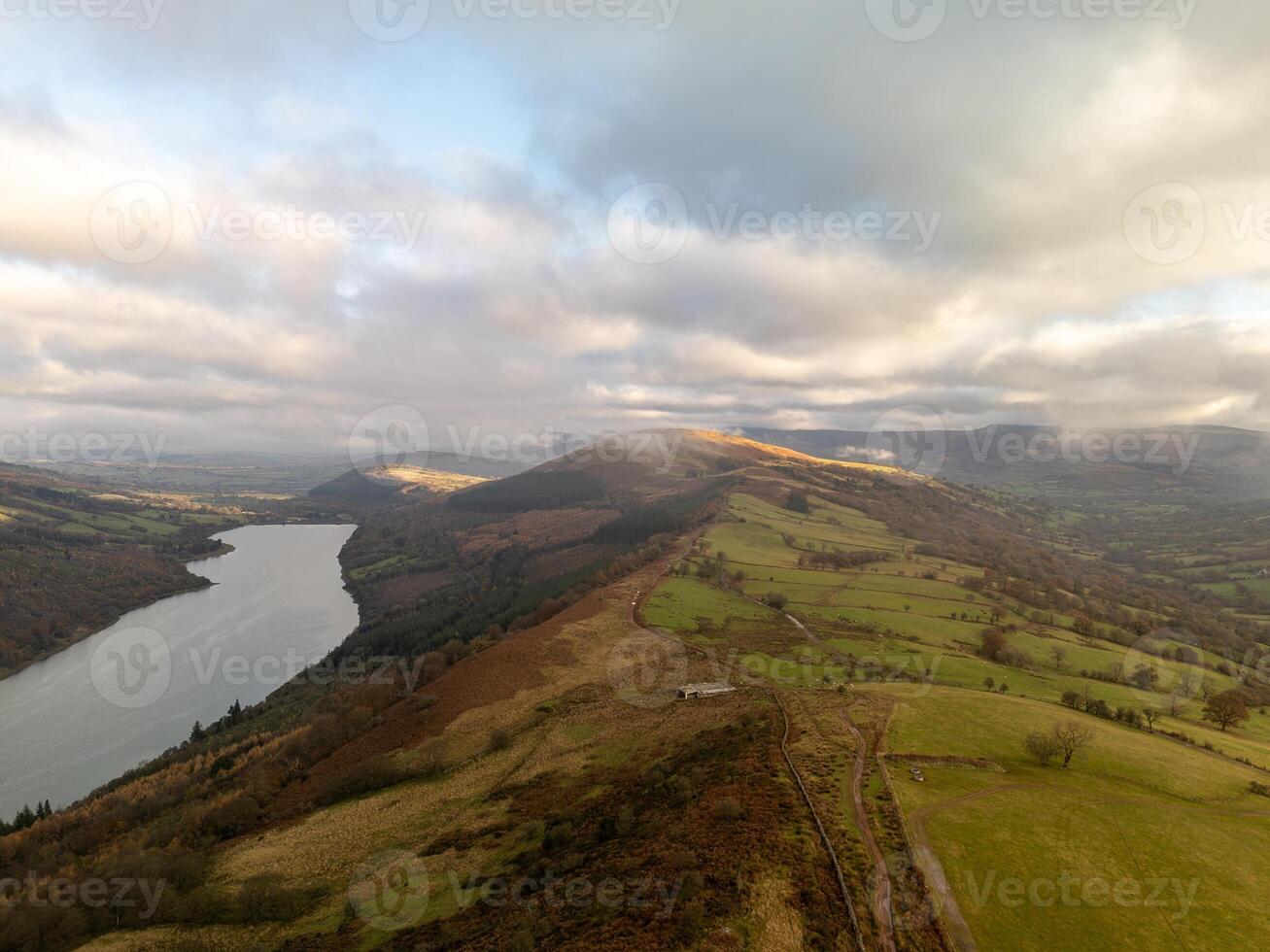 Aerial view of talybont reservoir and the brecon beacons national park in autumn photo