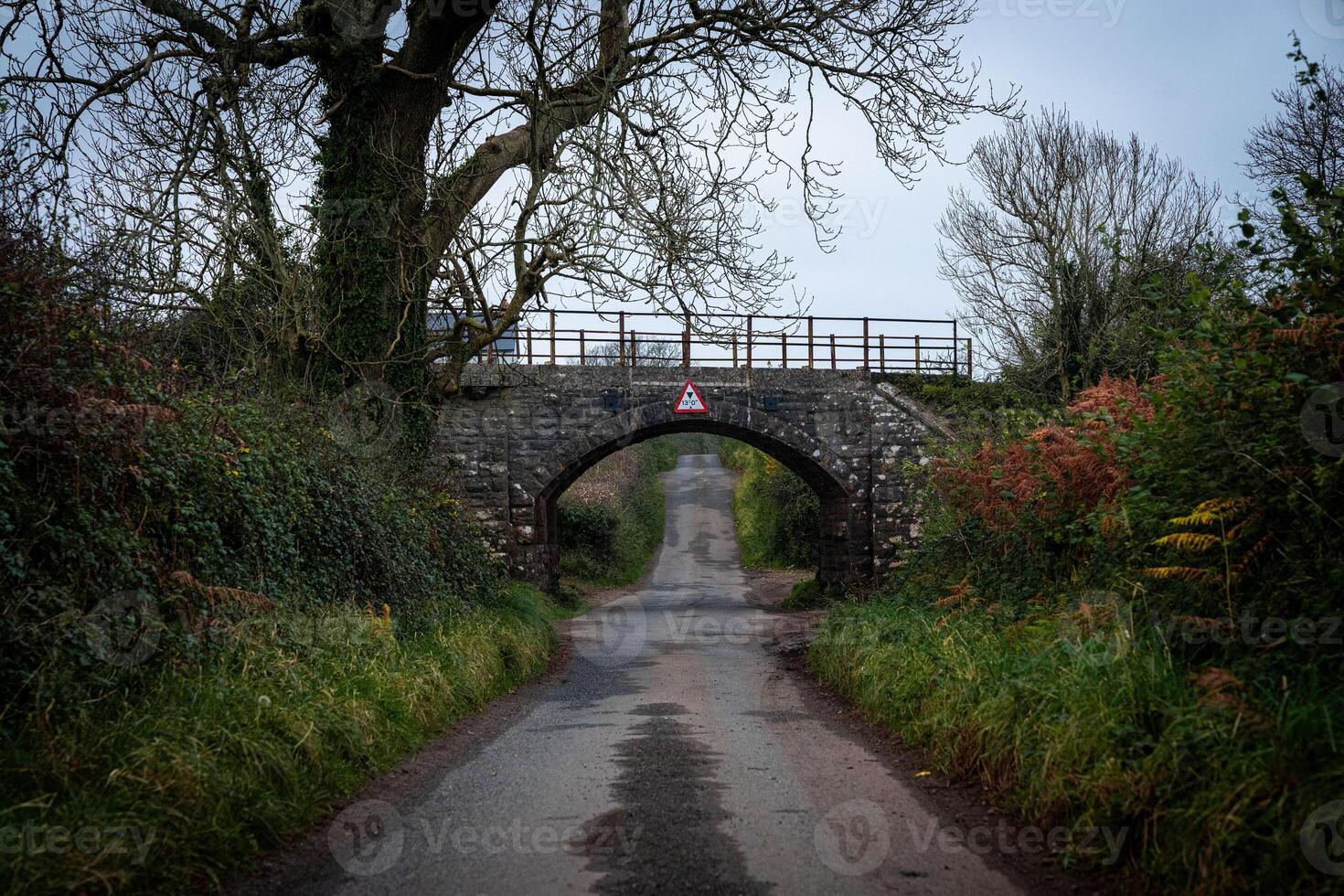 Empty country road passing under stone bridge in autumn photo