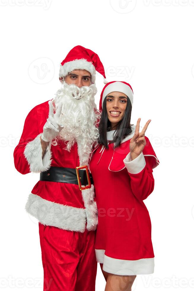 vertical Santa Claus and his wife hugging and waving at the camera white background photo