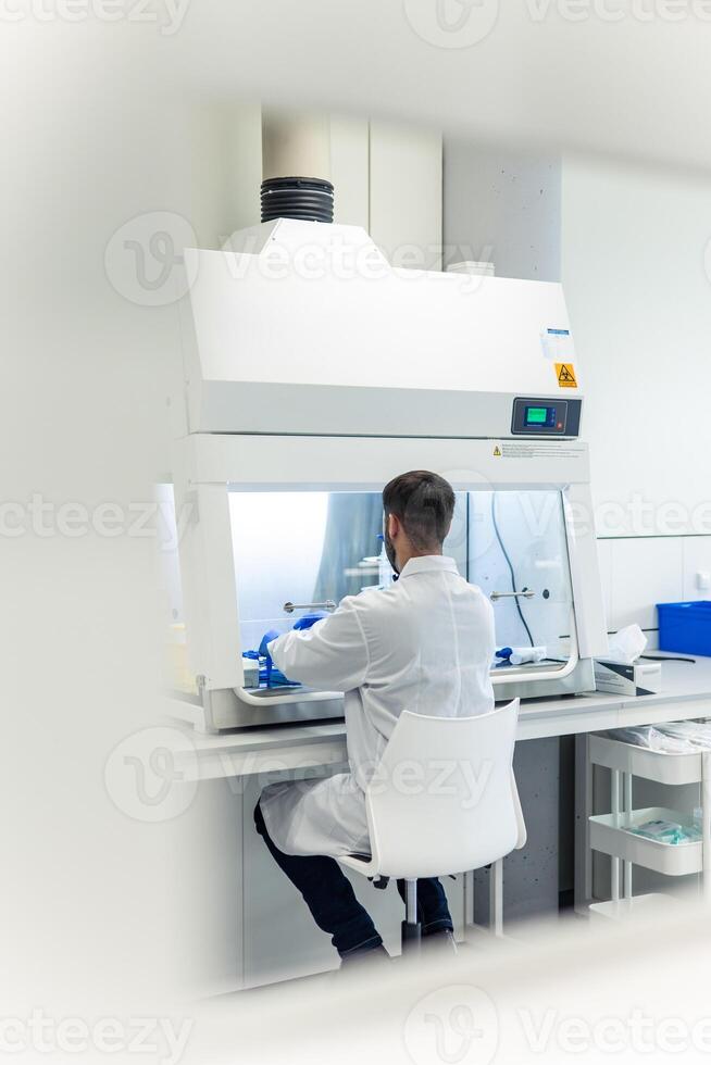 Scientist working with samples in a fume hood in modern laboratory photo