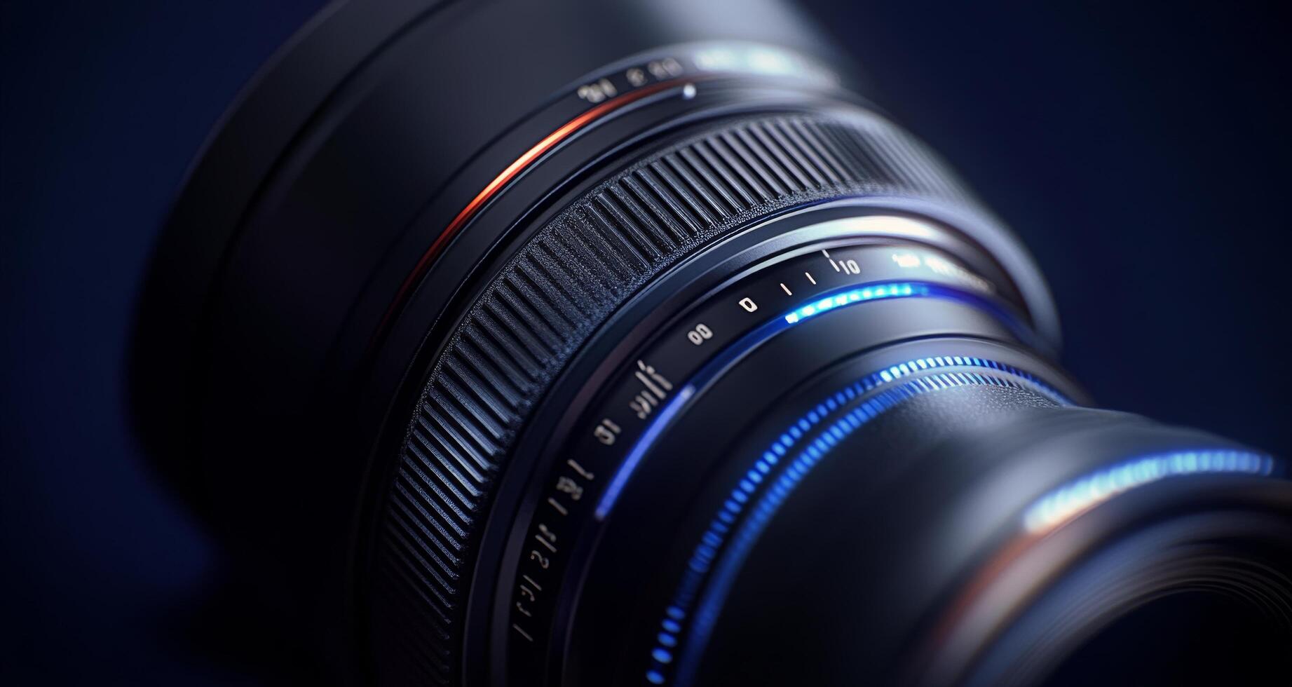 Close-up view of a professional camera lens showcasing detailed elements and textures under soft lighting photo