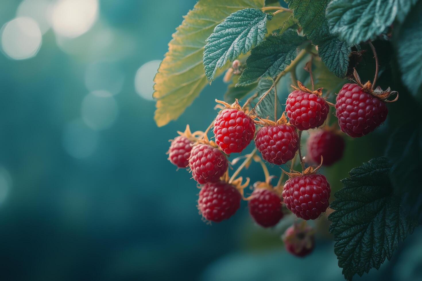 Vibrant raspberries clustered on a misty autumn morning surrounded by leaves photo