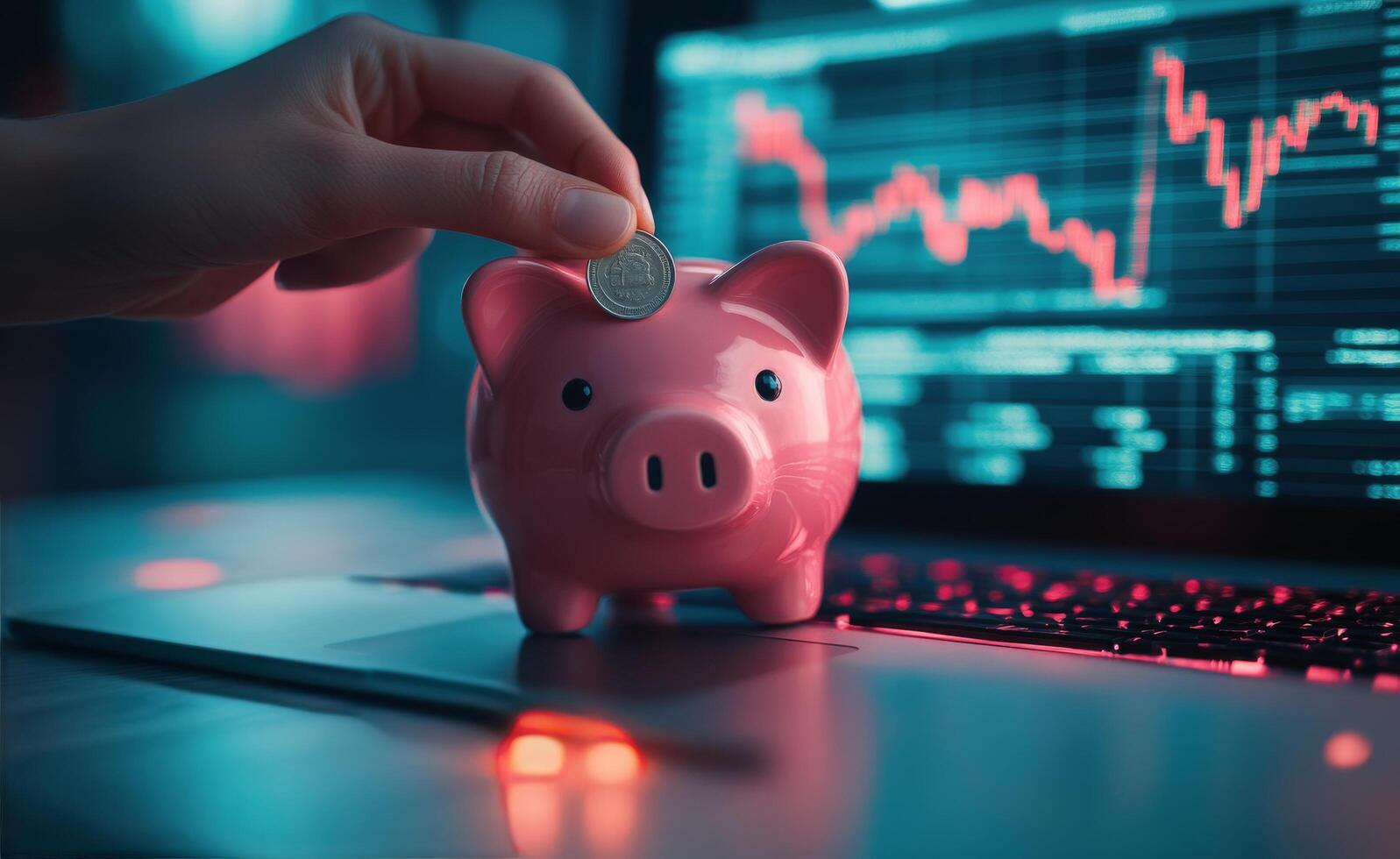 Saving coins in a piggy bank on a digital display of stock market trends photo