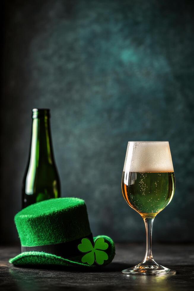 Sparkling green bottle with foam in dark misty atmosphere for festive celebrations photo