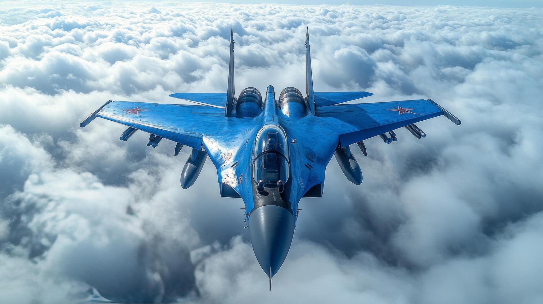 Fighter jet soaring above fluffy clouds during a bright sunny day in clear blue skies photo