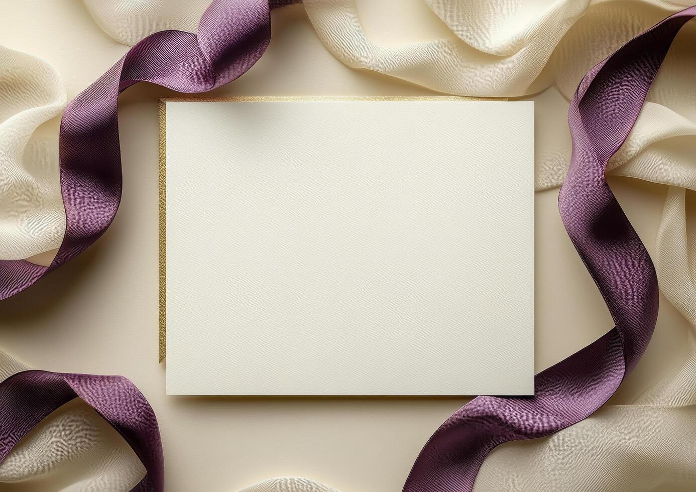 Elegant blank invitation card surrounded by luxurious ribbons on a soft background photo