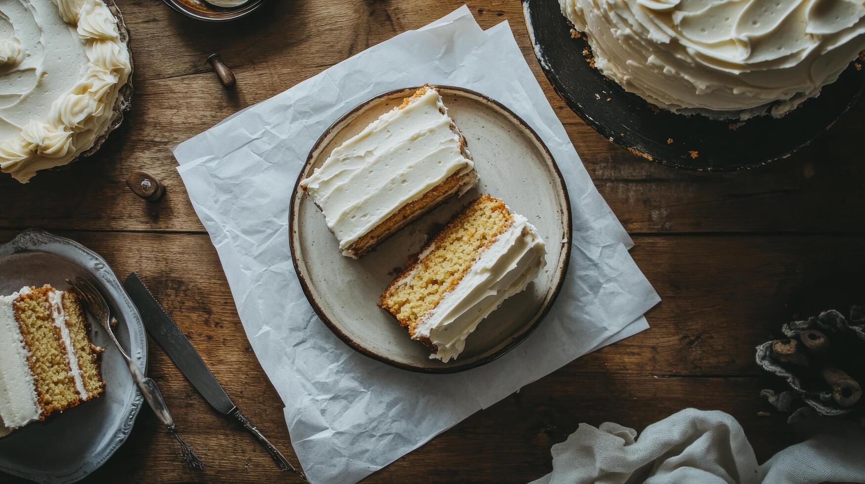 Delicious layered cake served on a rustic wooden table with cream frosting and cut slices photo