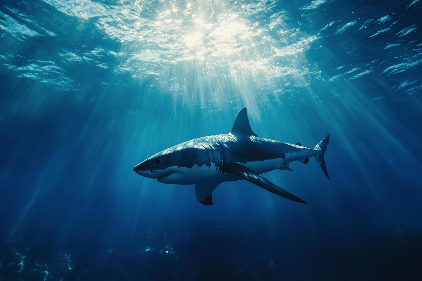 Majestic shark gliding through deep ocean waters under radiant sunlight photo