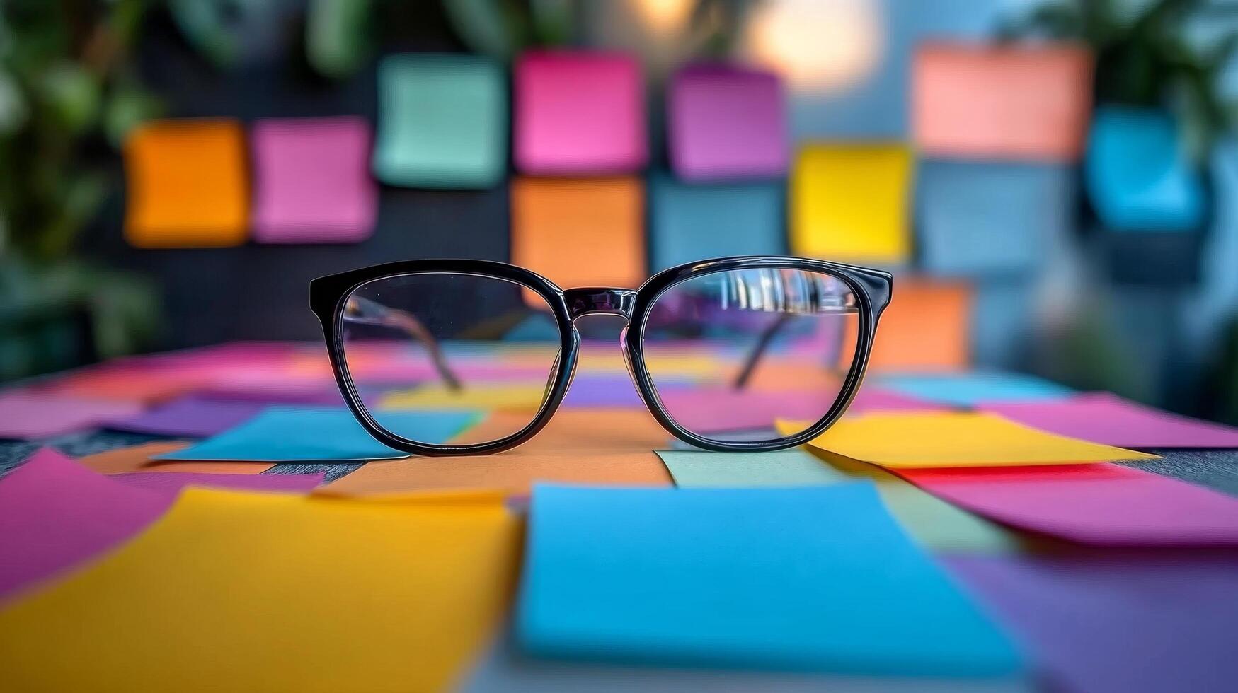 Glasses resting among colorful sticky notes on a desk in a creative workspace photo