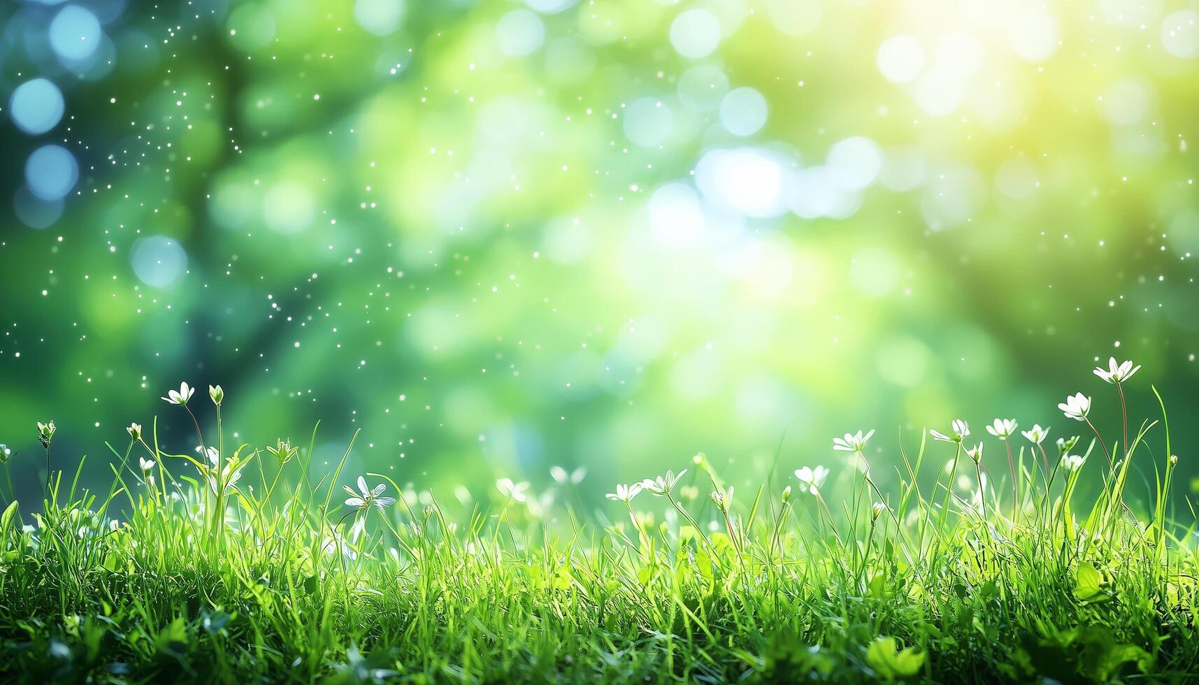 Sunlit meadow with blooming flowers and gentle rain in a serene natural setting photo