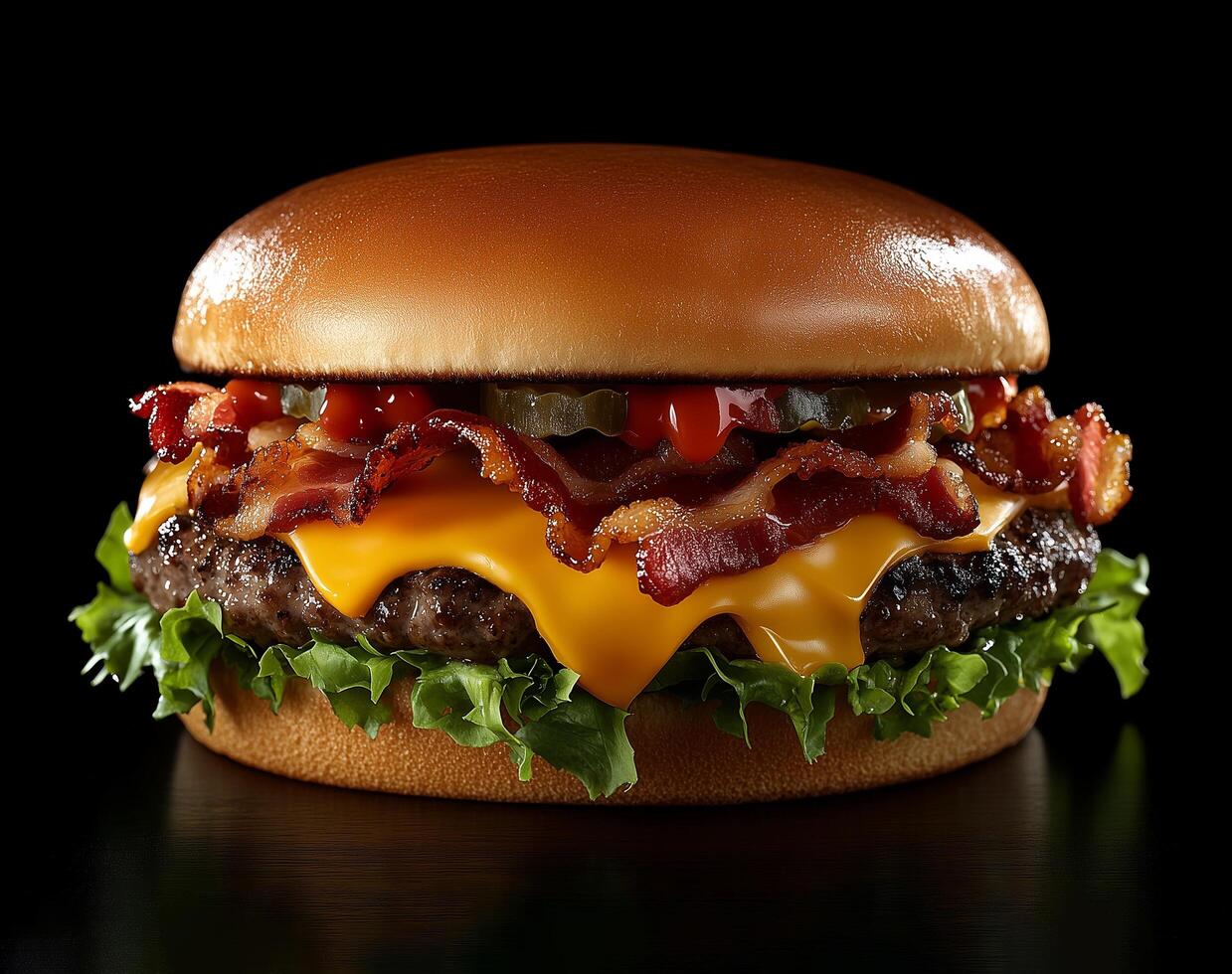 Delicious bacon cheeseburger with fresh lettuce, pickles, and ketchup on a clean black background photo
