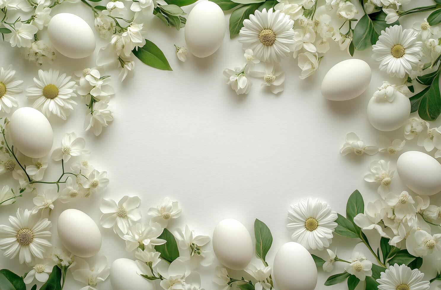 White eggs surrounded by white flowers and greenery in a decorative arrangement for spring celebrations photo