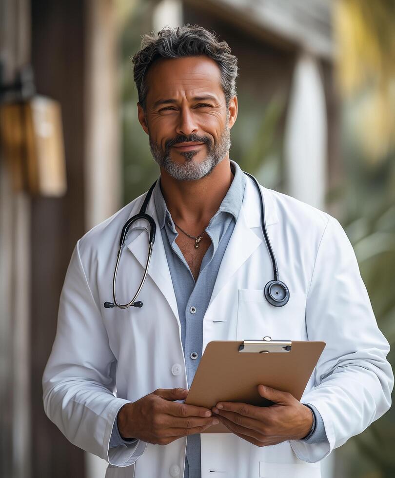 Experienced doctor holding a clipboard outdoors in a casual medical setting photo