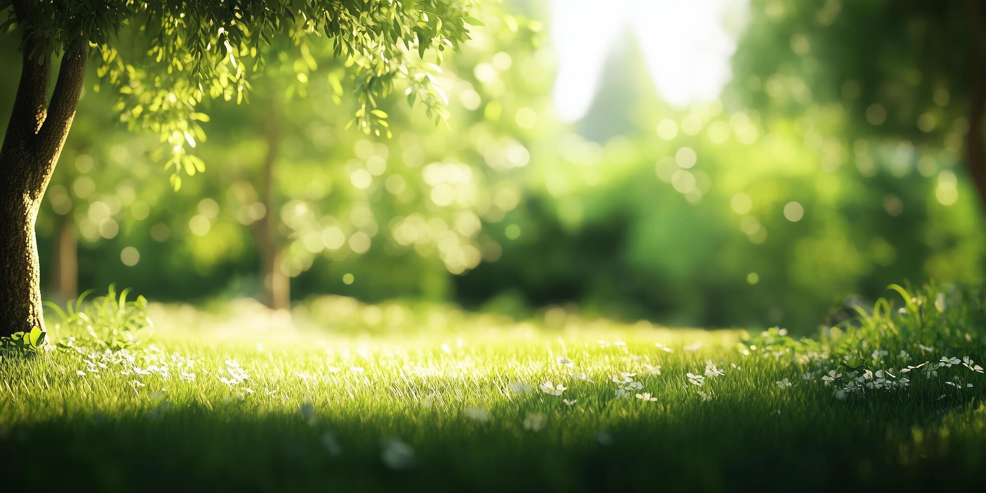 Lush green forest with sunlight filtering through trees and flowers blooming in springtime photo