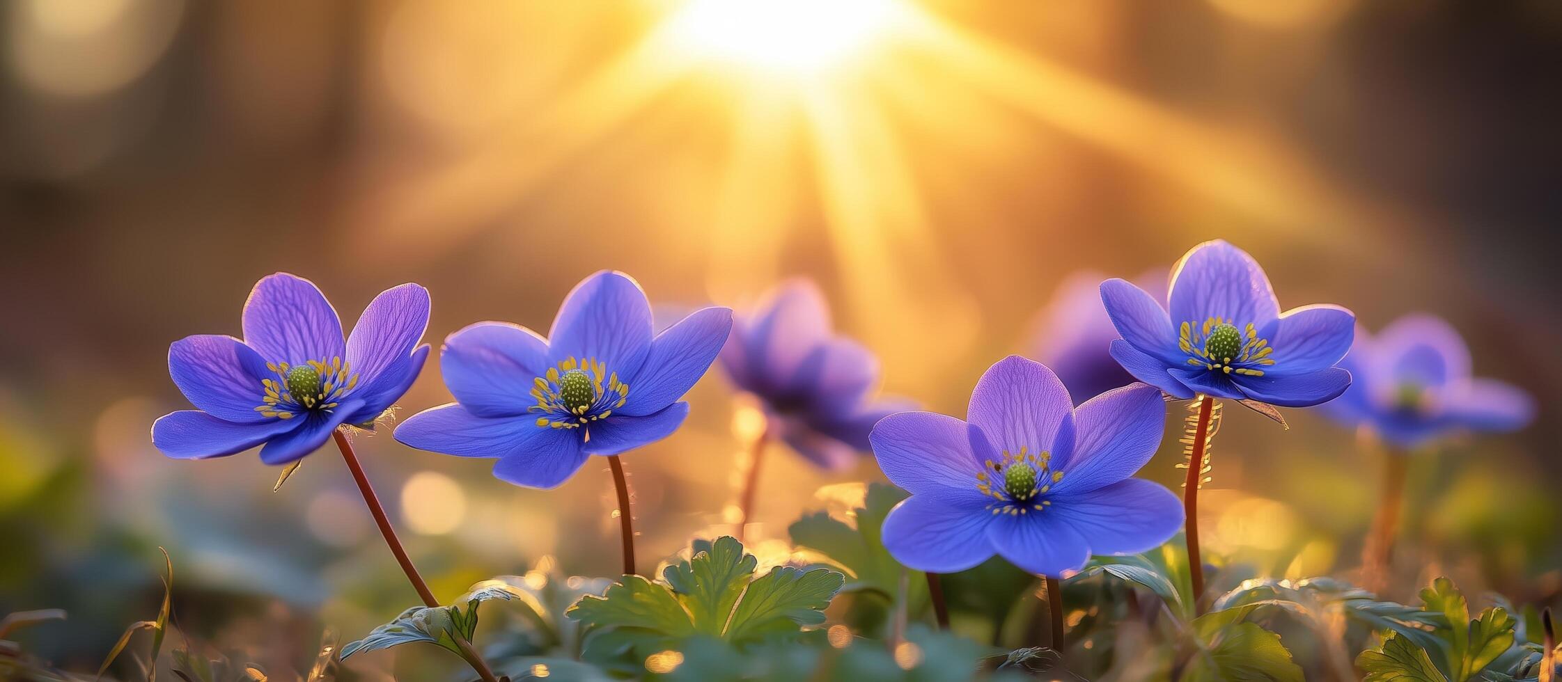 Purple flowers bloom in sunlight during early spring in a tranquil forest setting photo