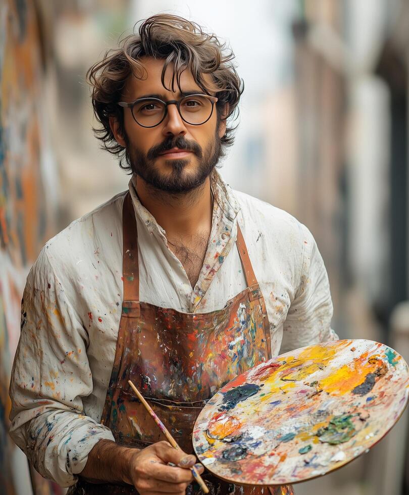 Portrait of a male painter holding a palette in an urban art-filled alley photo