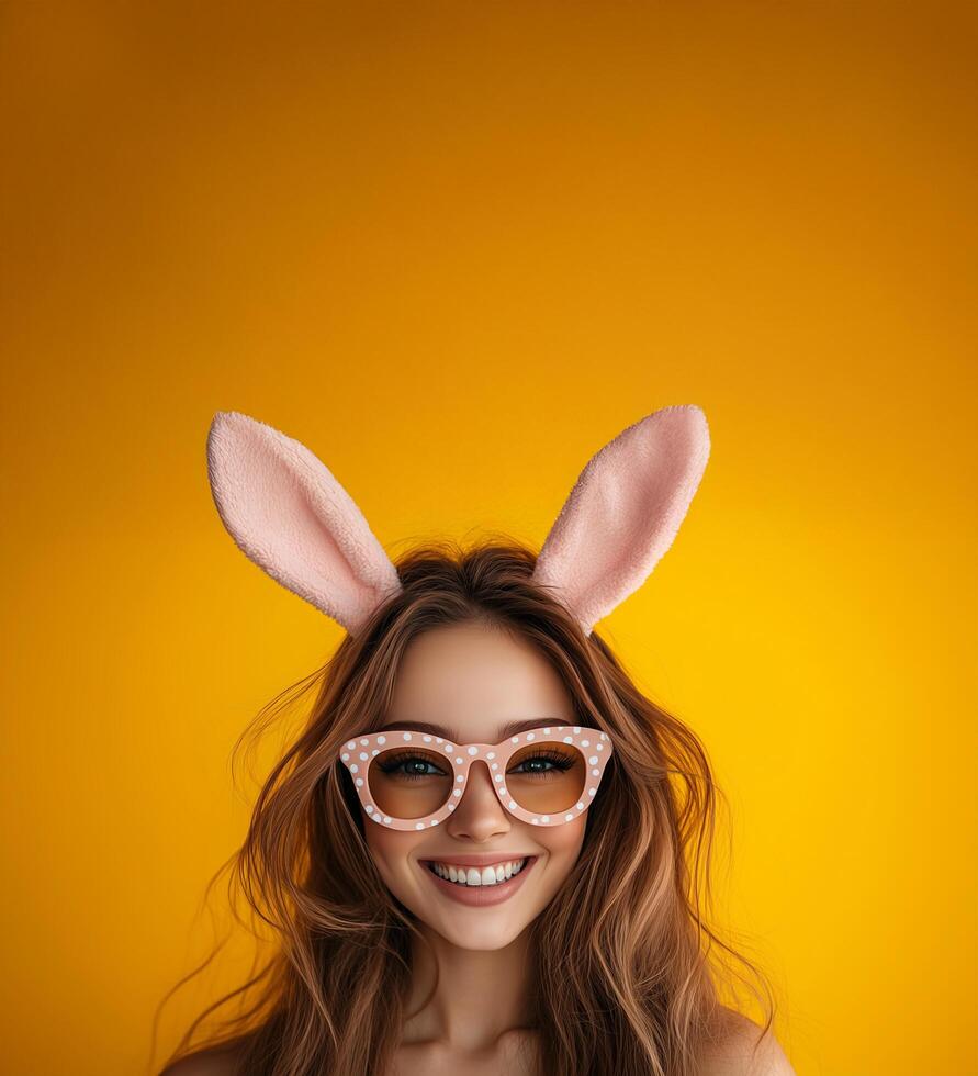 Happy woman wearing bunny ears and sunglasses against a bright yellow background photo