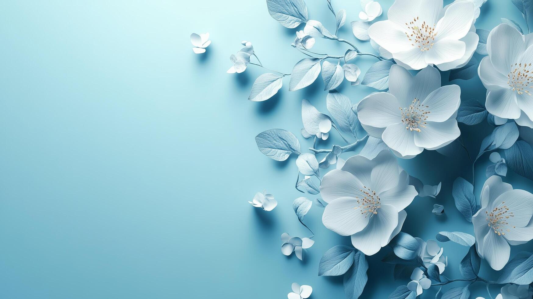 Elegant white flowers against a soft blue background creating a serene atmosphere in a natural setting photo