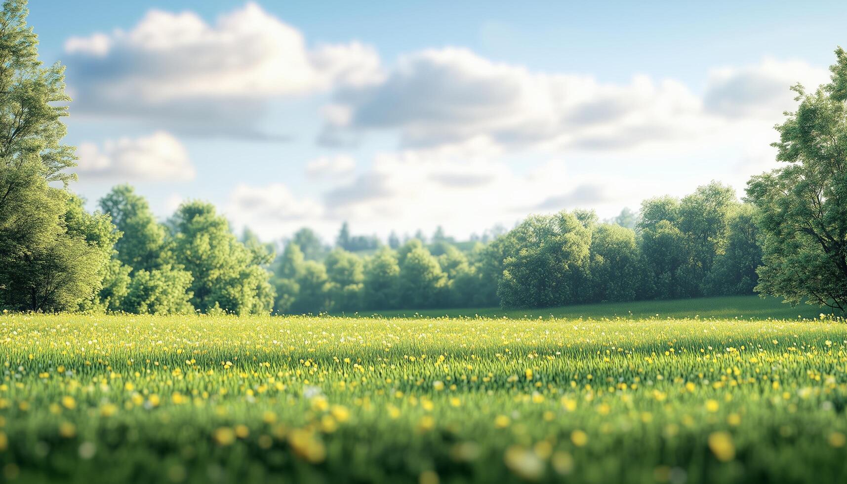 Vibrant green meadow with blooming flowers under a clear blue sky in early morning light photo
