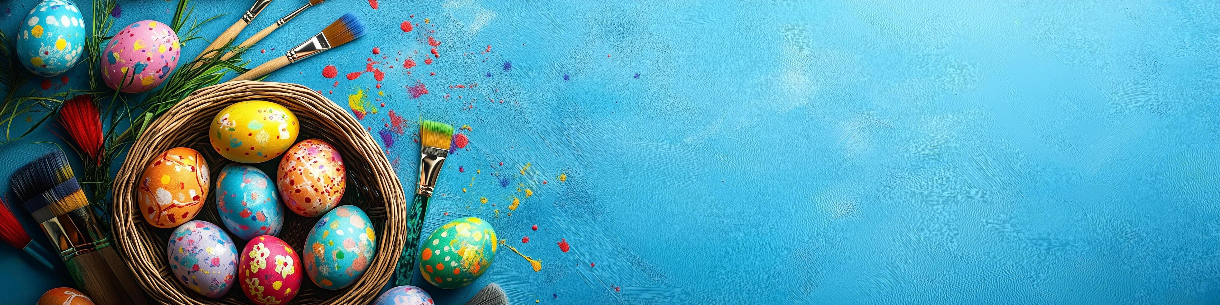 Colorful Easter eggs in a basket surrounded by painting supplies on a light blue background photo