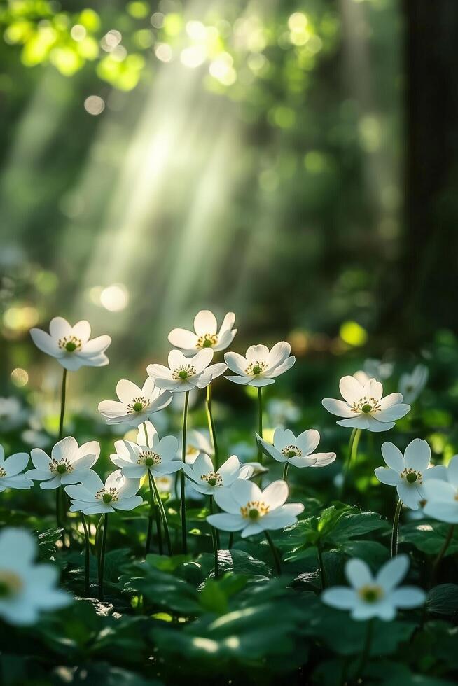 Sunlight filters through trees illuminating blooming white flowers in a tranquil forest setting photo