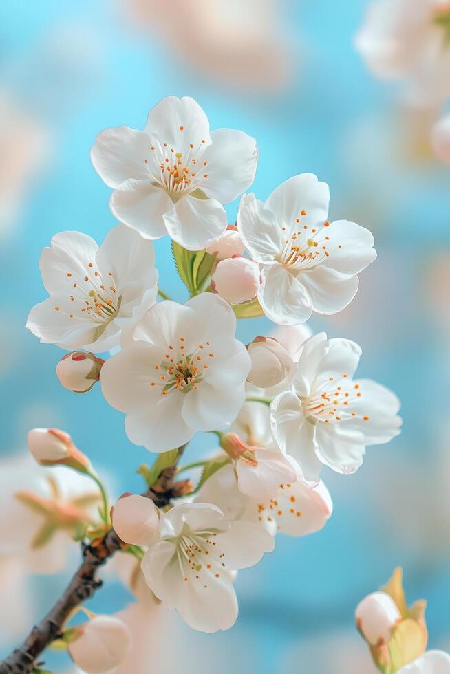 Beautiful white cherry blossom flowers blooming against a blue background during spring season photo