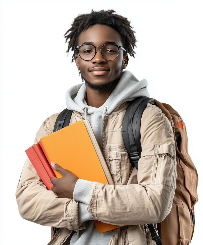 Young student smiling while holding books and wearing a backpack indoors photo