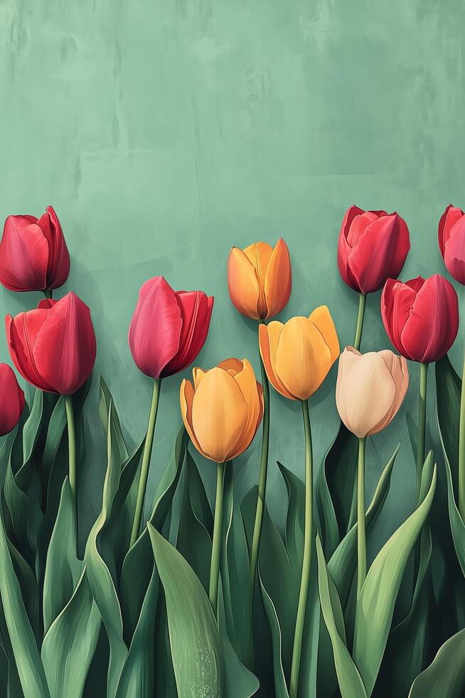 Colorful tulips blooming against a textured green backdrop in a serene setting during springtime photo