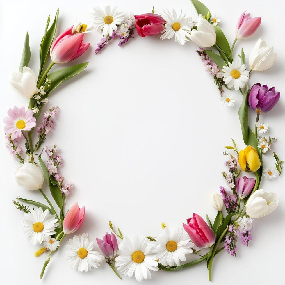Beautiful floral wreath made with seasonal flowers arranged on a plain background photo