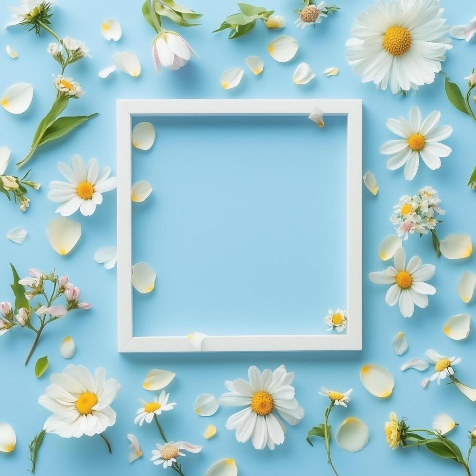 Bright spring flowers arranged around a white frame on a blue background create a cheerful atmosphere photo