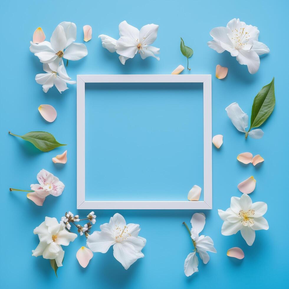 Floral arrangement with white flowers and empty frame on blue background for creative design photo