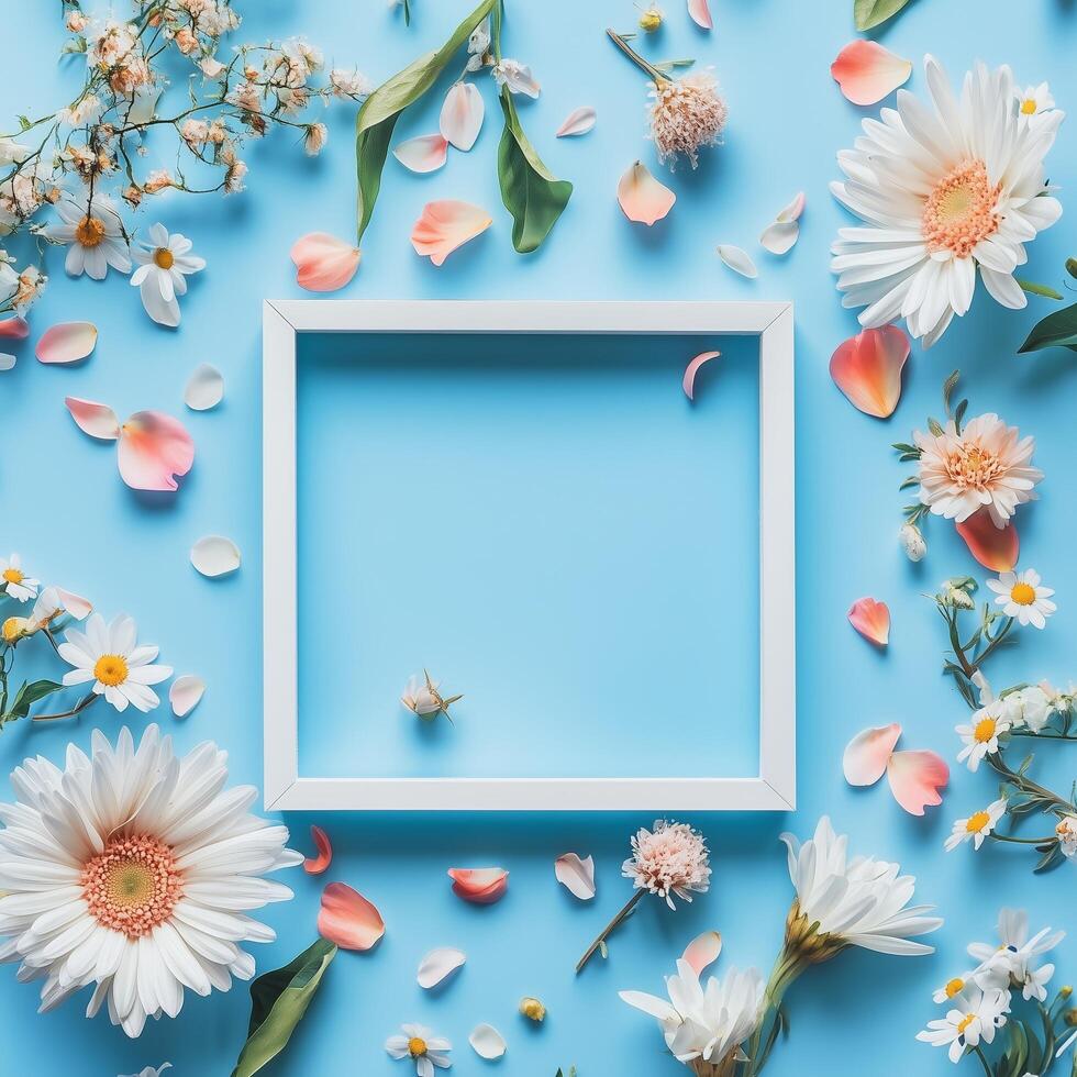 Colorful floral arrangement with empty frame on blue background during a bright day photo