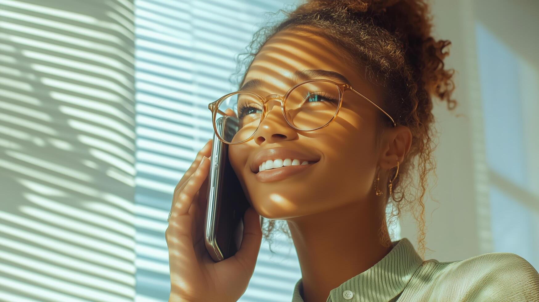 Young woman smiling while talking on phone in bright room with striped shadows photo