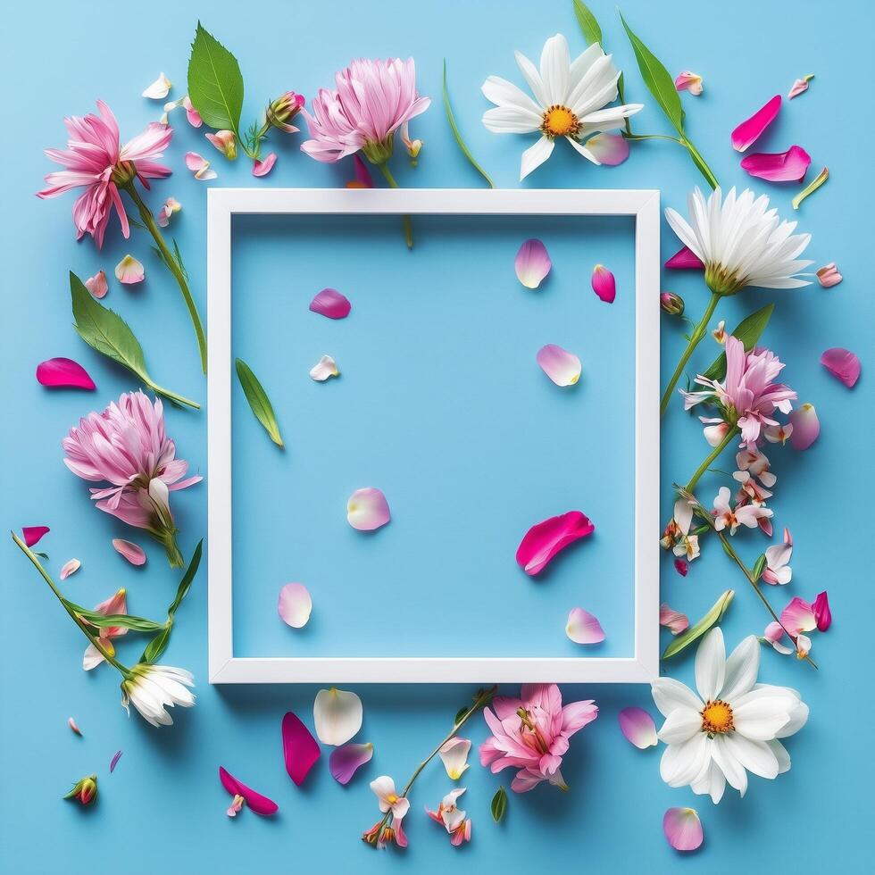 Colorful flower arrangement with empty frame on blue background for creative display photo